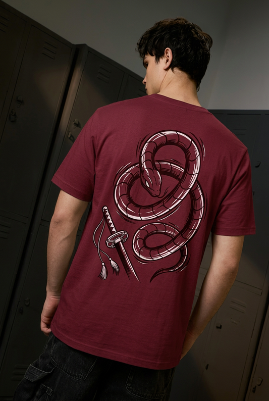 Renji maroon tee - back or design overview