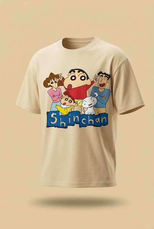 Shinchan family relaxed regular-fit beige tee angled garment-only view