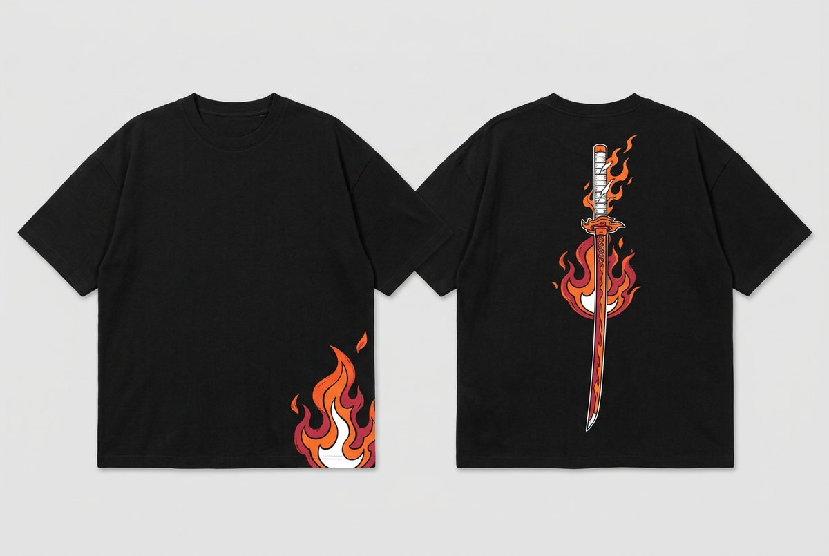 Rengoku black tee - front or design overview