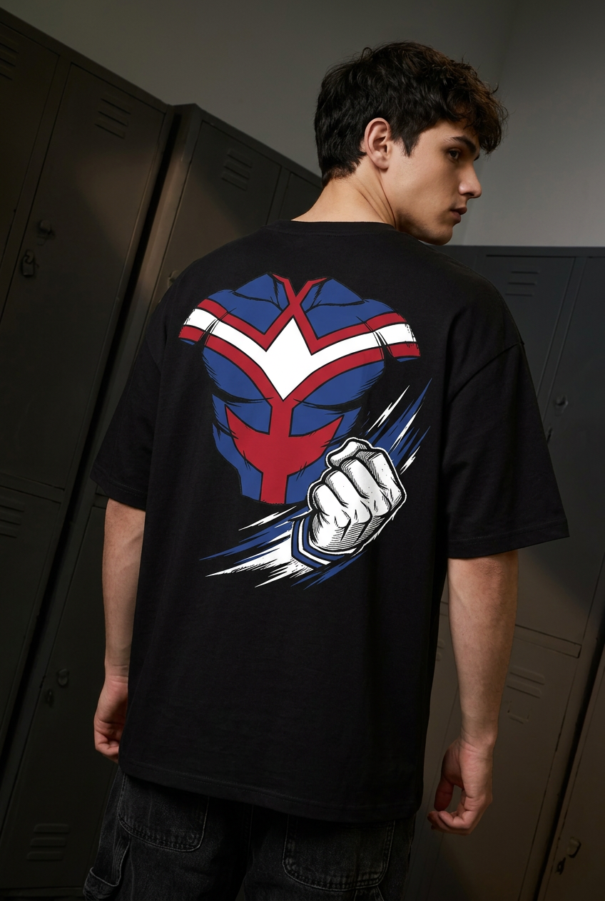 All Might black tee - back or design overview