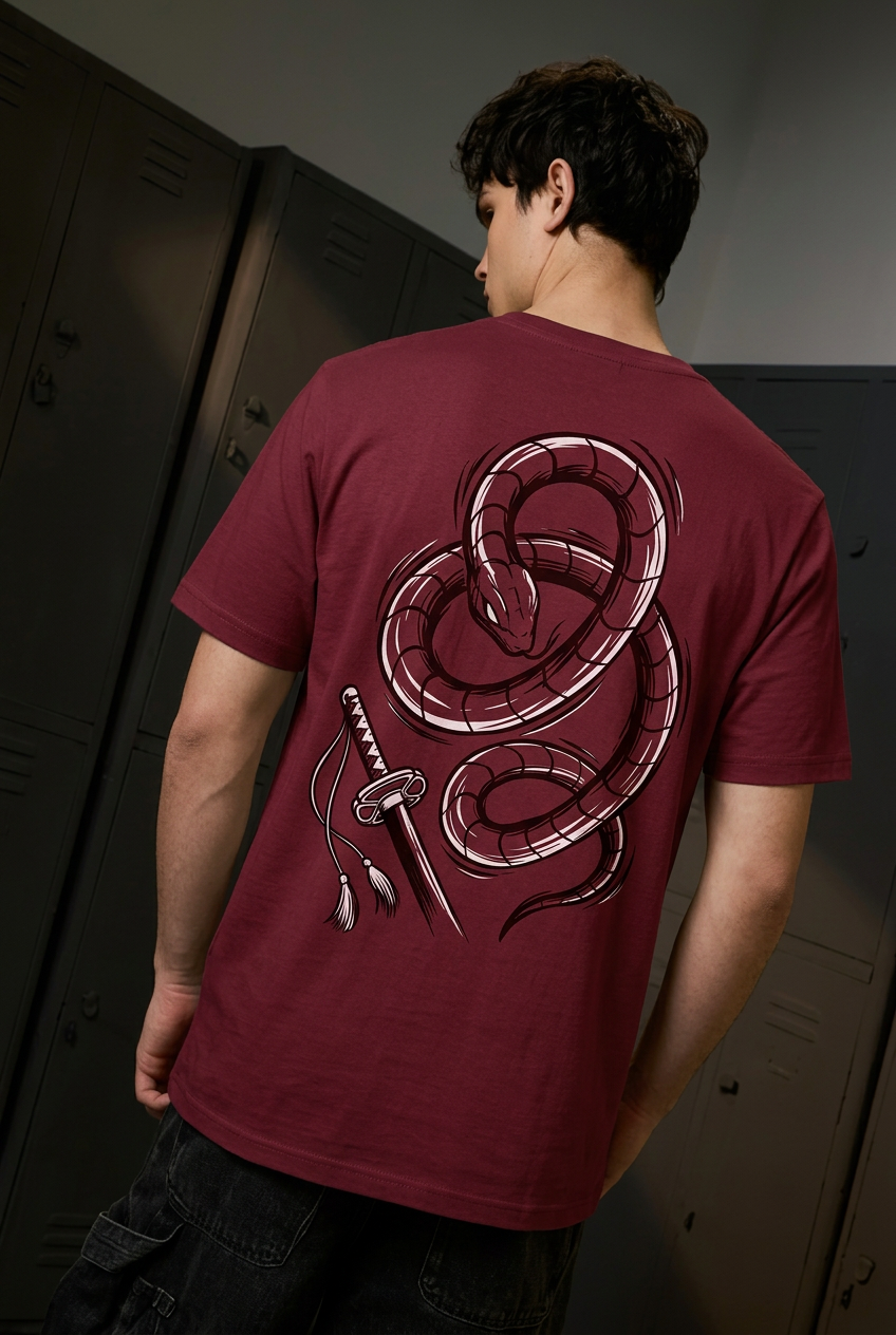 Renji maroon tee - back or design overview