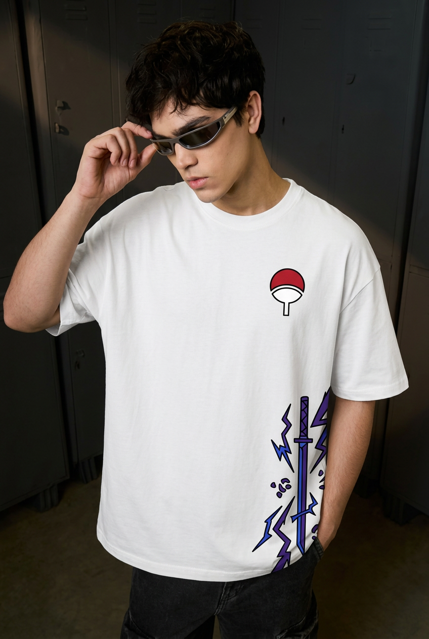 Naruto Sasuke Chidori - white Oversized T-Shirt - front pose
