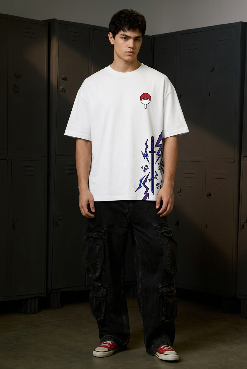 Naruto Sasuke Chidori - white Oversized T-Shirt - full-body front