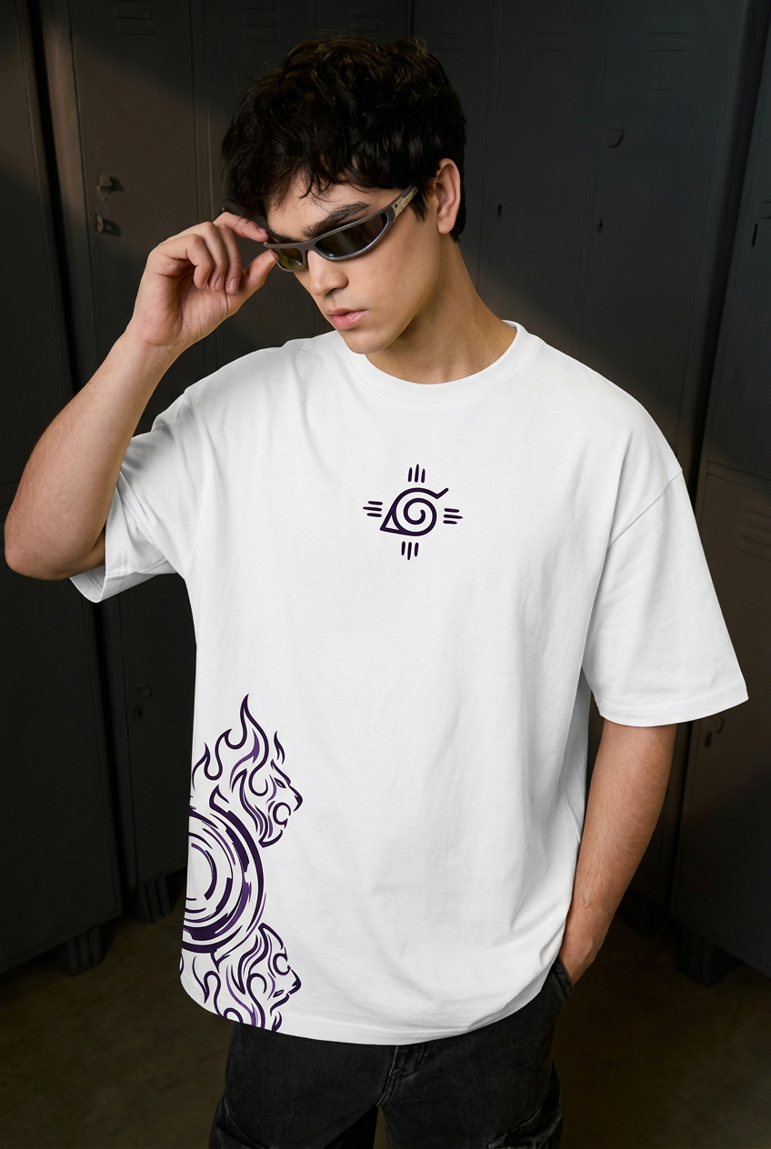 Naruto Hinata twin lion fists - white Oversized T-Shirt - front pose
