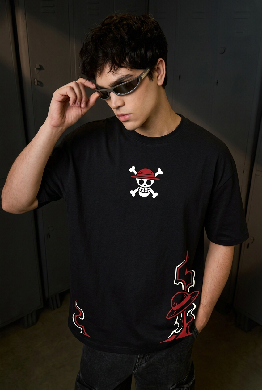 One Piece Luffy freedom - black Oversized T-Shirt - front pose