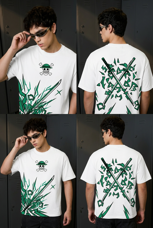 One Piece Zoro promise - white Oversized T-Shirt - front pose
