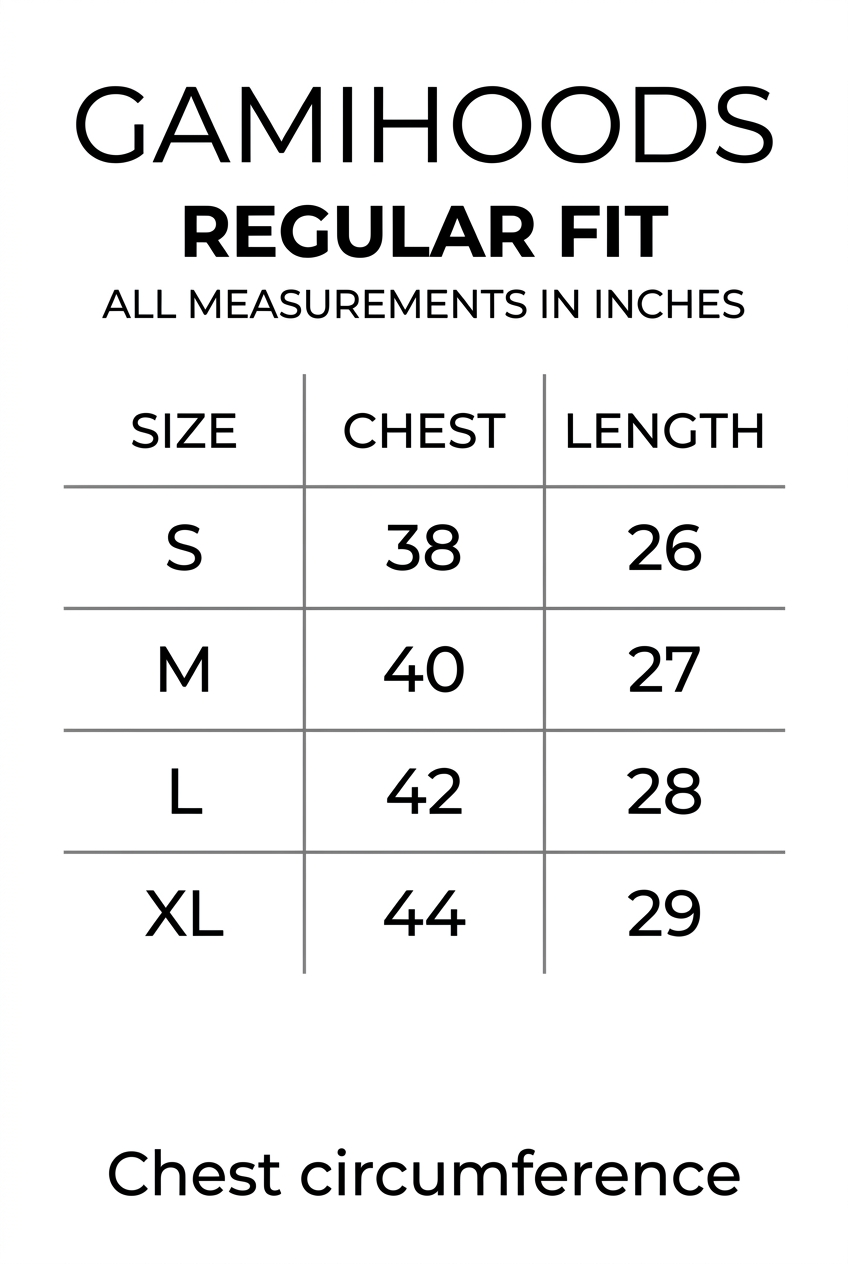 Gamihoods regular fit size chart S to XL, measurements in inches