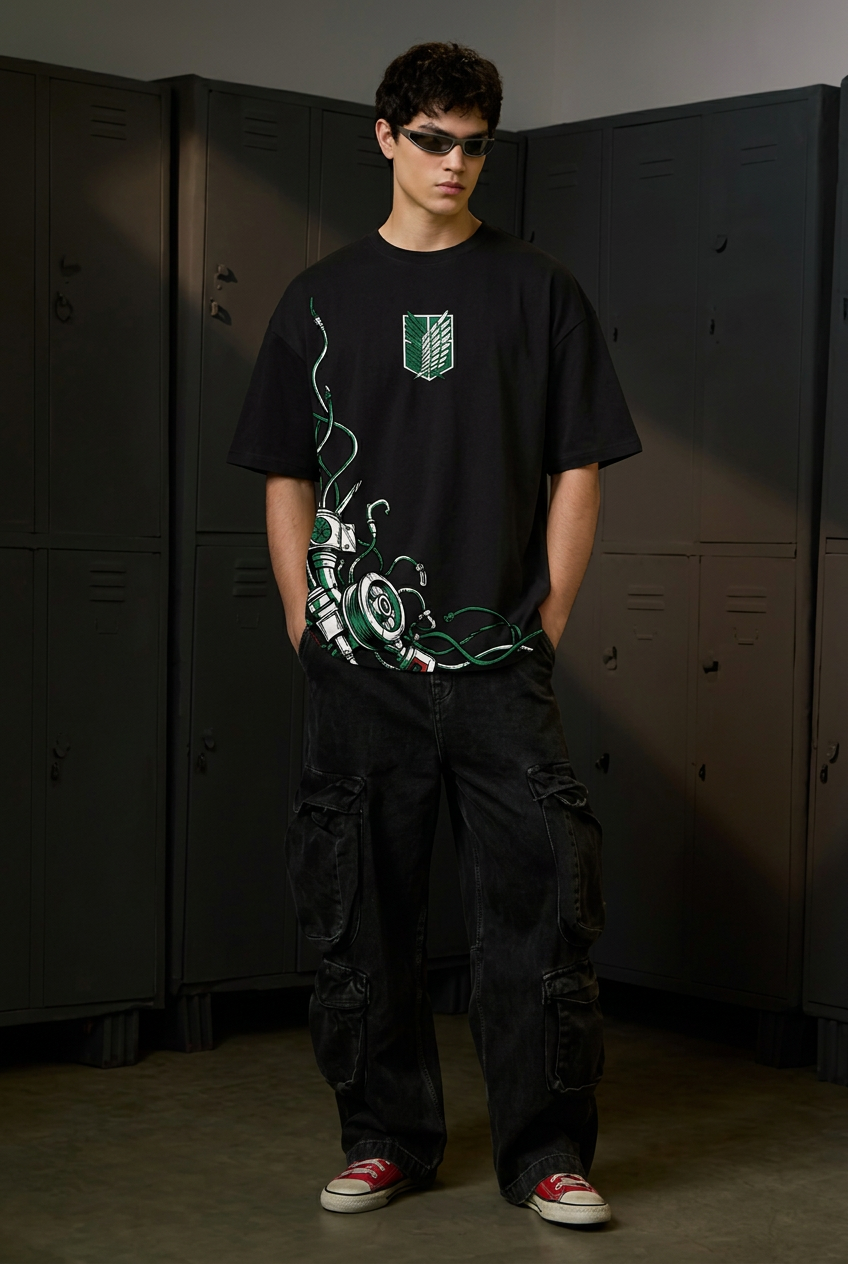 Attack on Titan Scout expedition - black Oversized T-Shirt - full-body front view