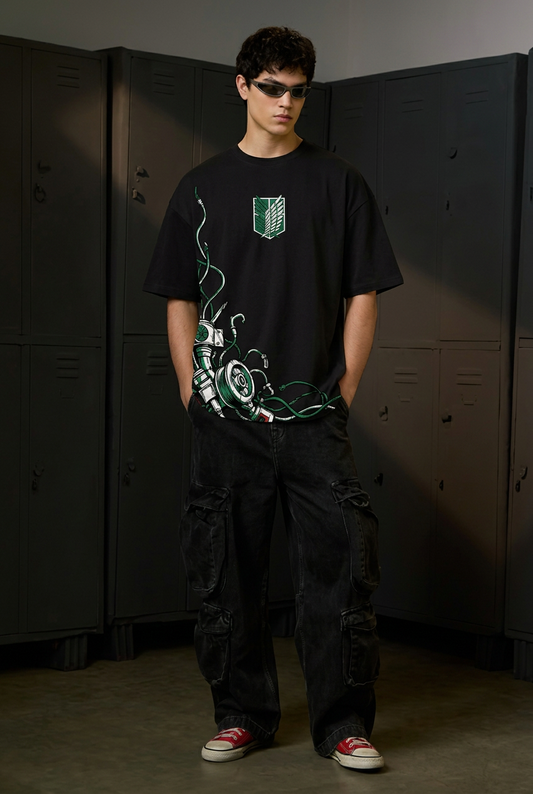 Attack on Titan Scout expedition - black Oversized T-Shirt - full-body front view
