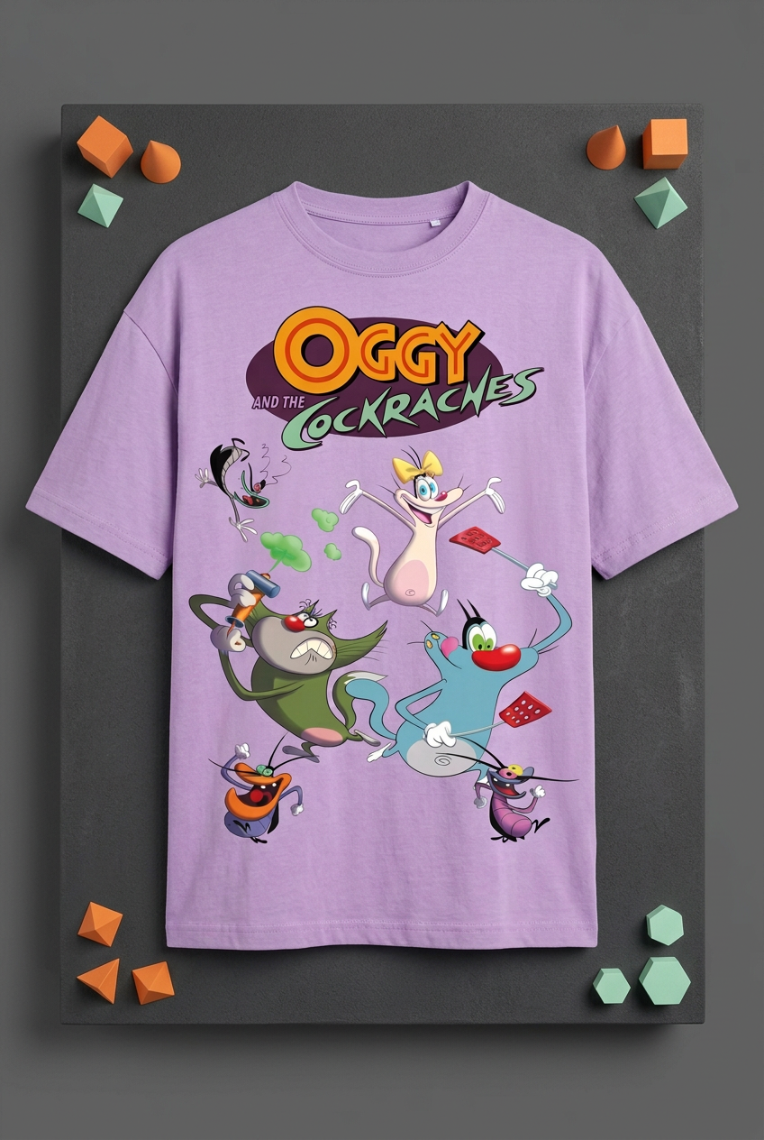 Oggy and the Cockroaches lavender tee styled flat lay