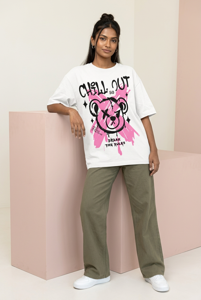 Chill Out bear tee with olive wide-leg trousers