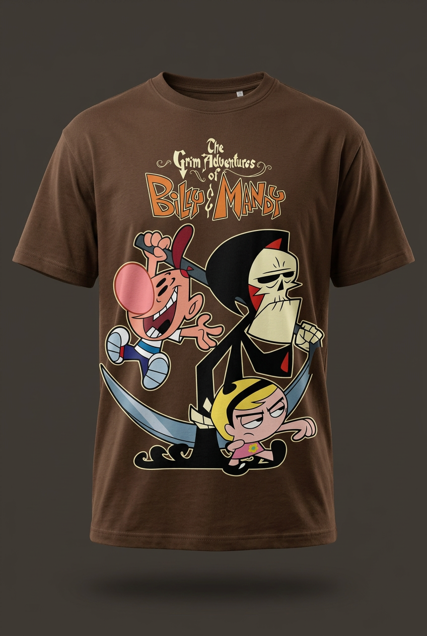 Billy and Mandy coffee-brown graphic tee front garment-only mockup