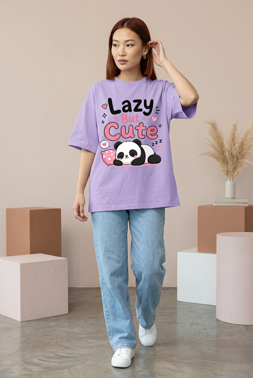 Lavender Lazy But Cute tee styled with loose blue jeans
