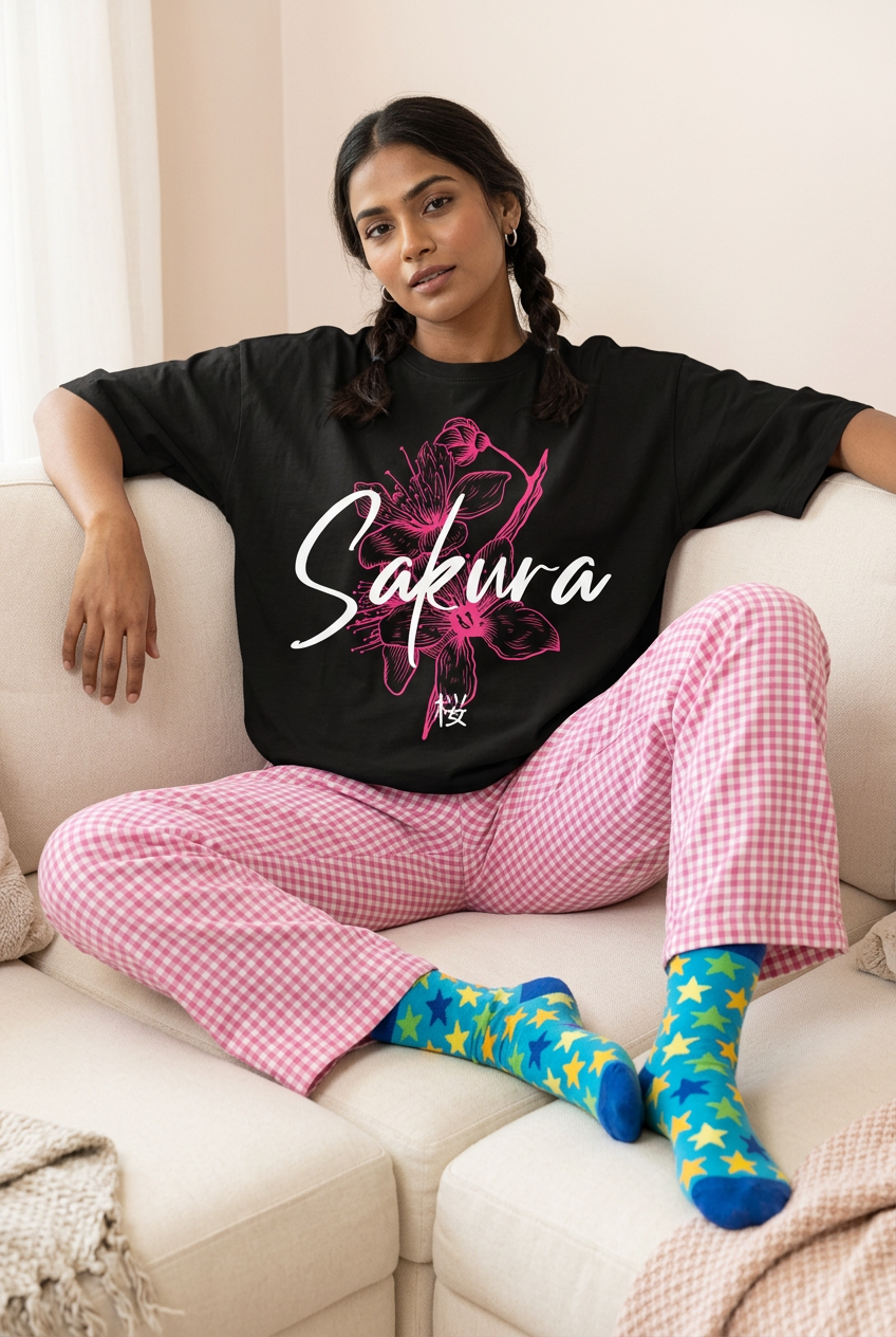 Sakura tee with checked pajamas and mismatched star socks