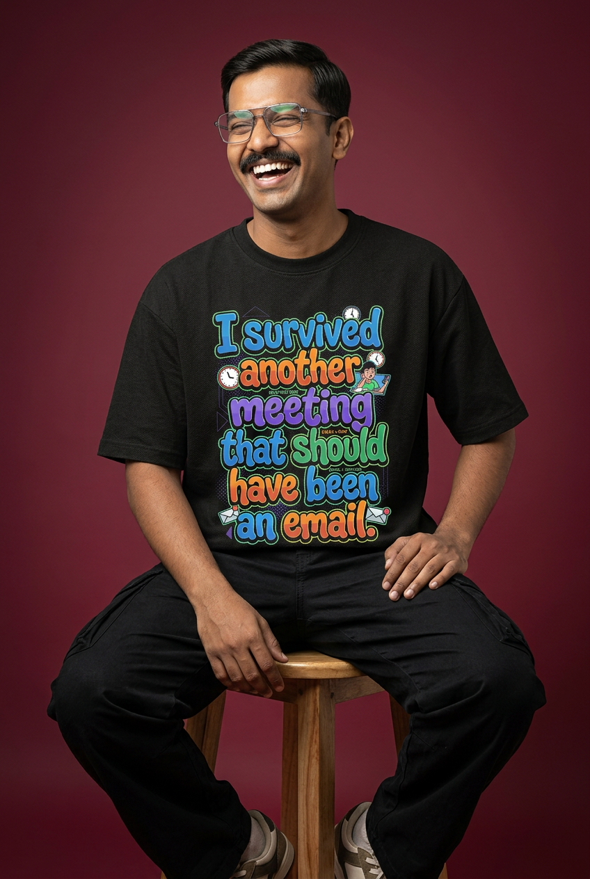 Survived oversized T-shirt, moustached model with glasses, laughing seated pose
