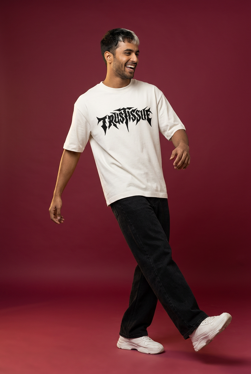 Issue oversized T-shirt, Indian Gen Z model, playful stepping pose