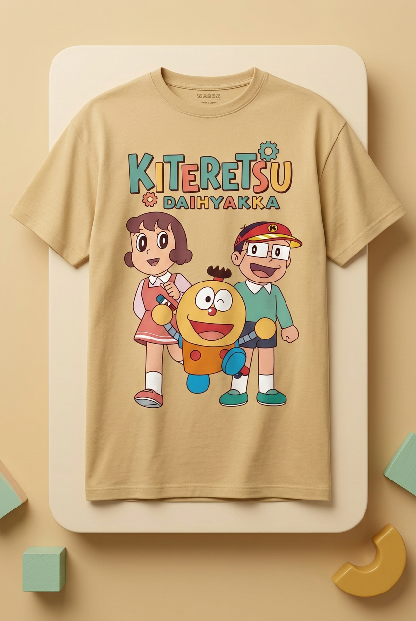 Golden-beige relaxed regular-fit Kiteretsu tee styled flat lay
