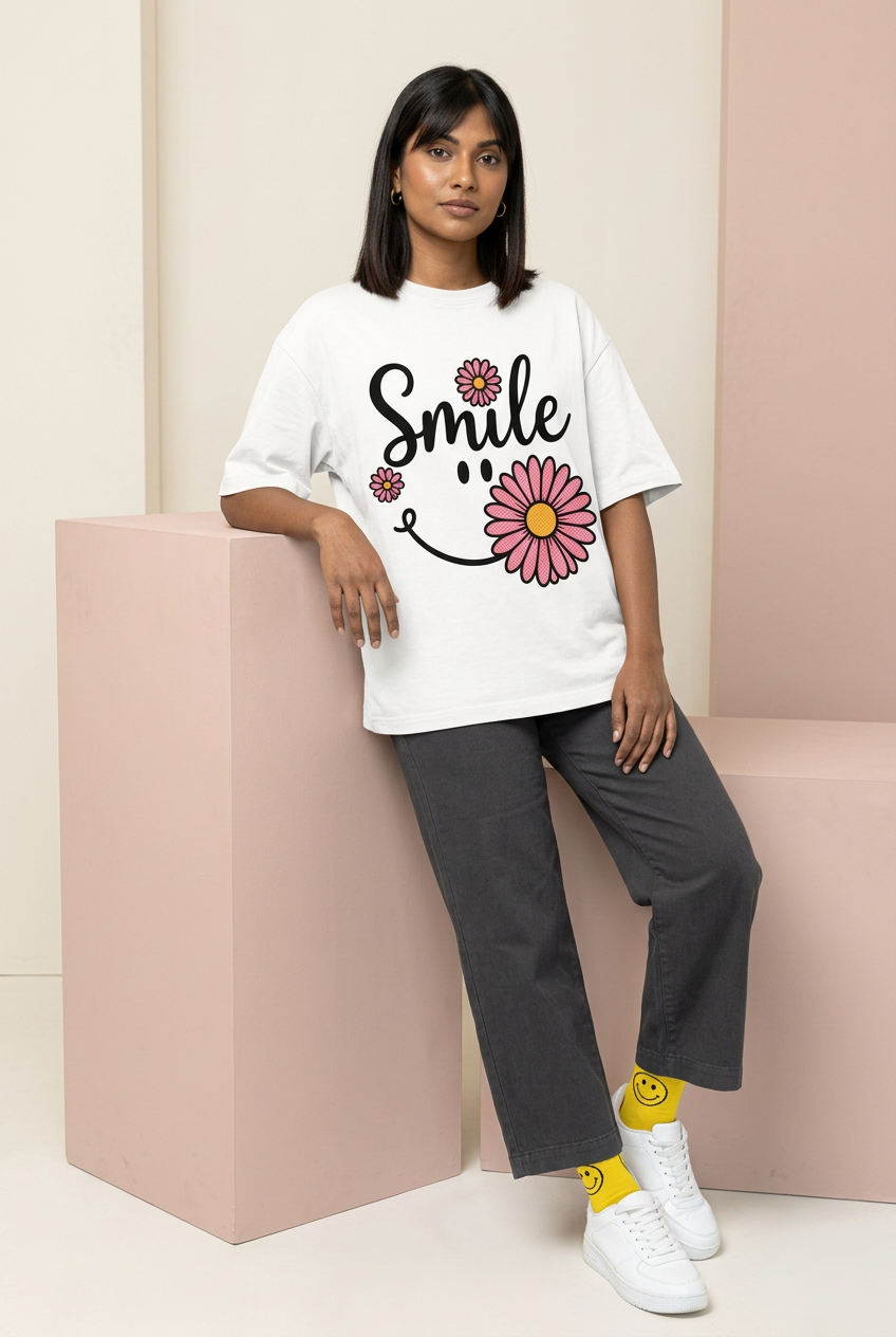 White Smile tee with wide-leg trousers and smiley socks