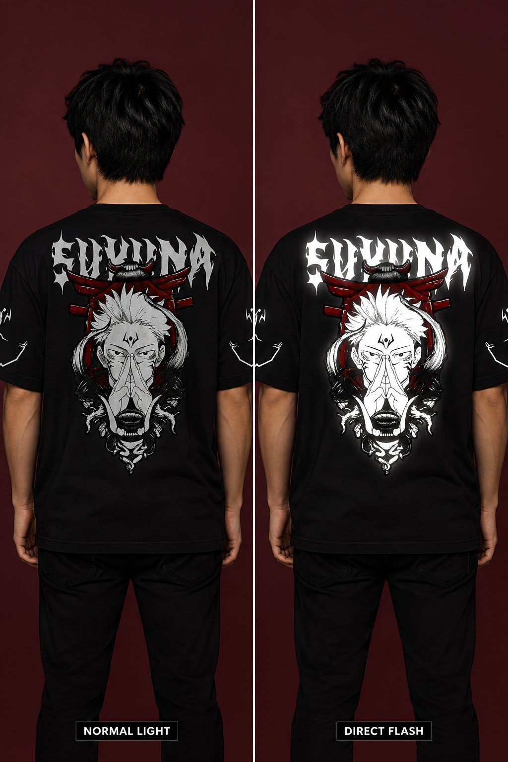 Illustrative Sukuna normal-light versus direct-flash comparison