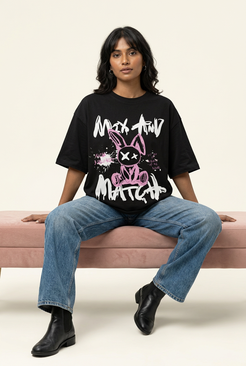 Pink graffiti rabbit oversized tee with loose blue jeans, seated pose