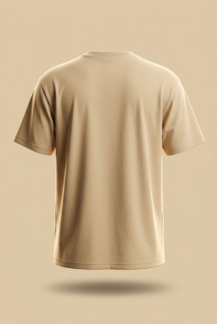 Plain back of sand-beige relaxed regular-fit tee, garment-only 3D mockup