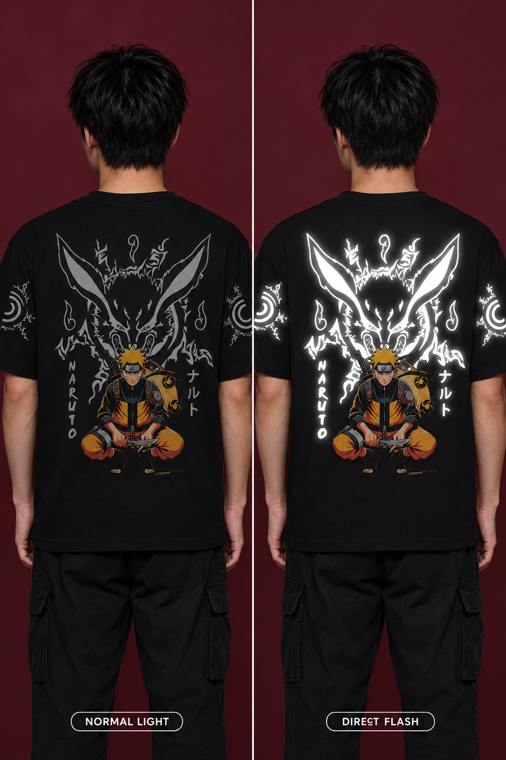 Illustrative Nine Tails normal-light and direct-flash comparison