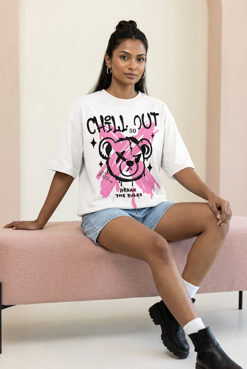 Chill Out bear oversized tee with denim shorts and boots