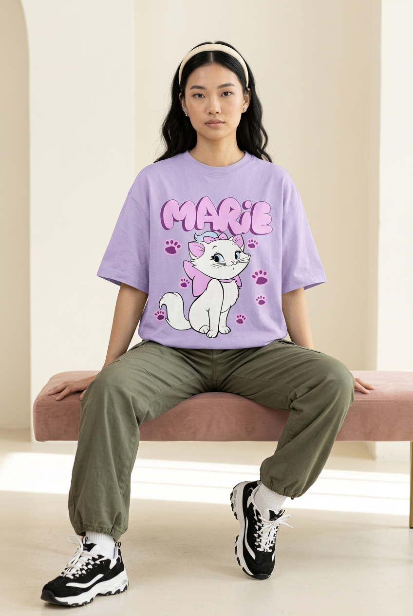 Marie cat tee with olive cargo pants, seated model pose
