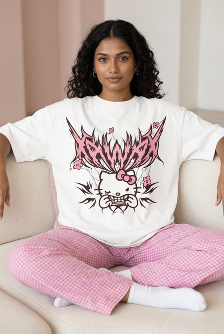 White gothic cat tee with pink checked pajamas