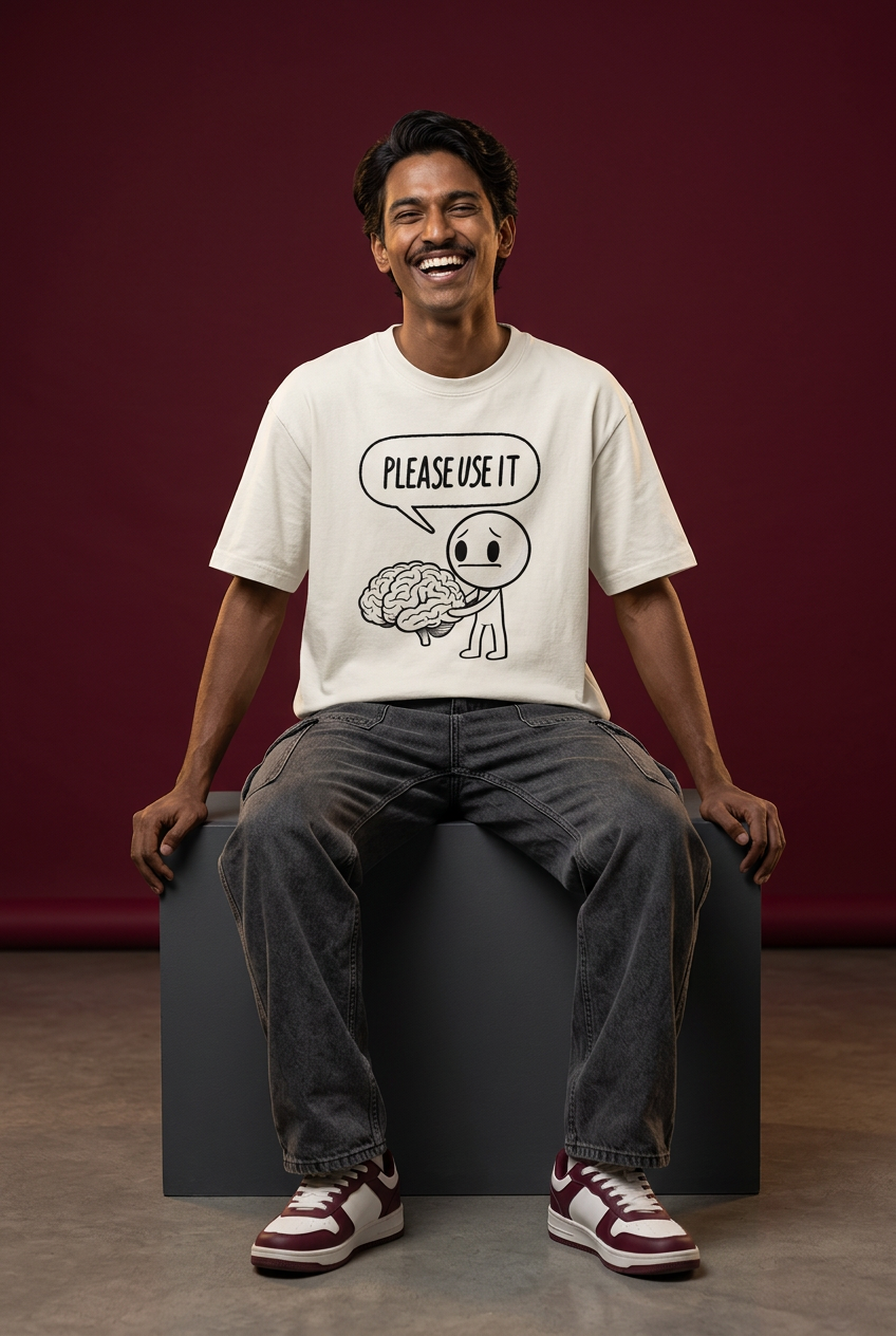 Brainless tee, Indian Gen Z model, laughing seated pose