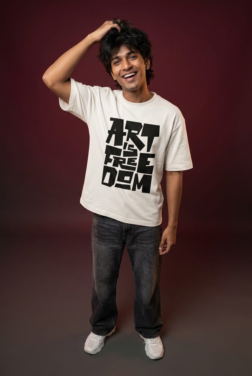Art Is Freedom tee, Indian Gen Z model, overhead pose