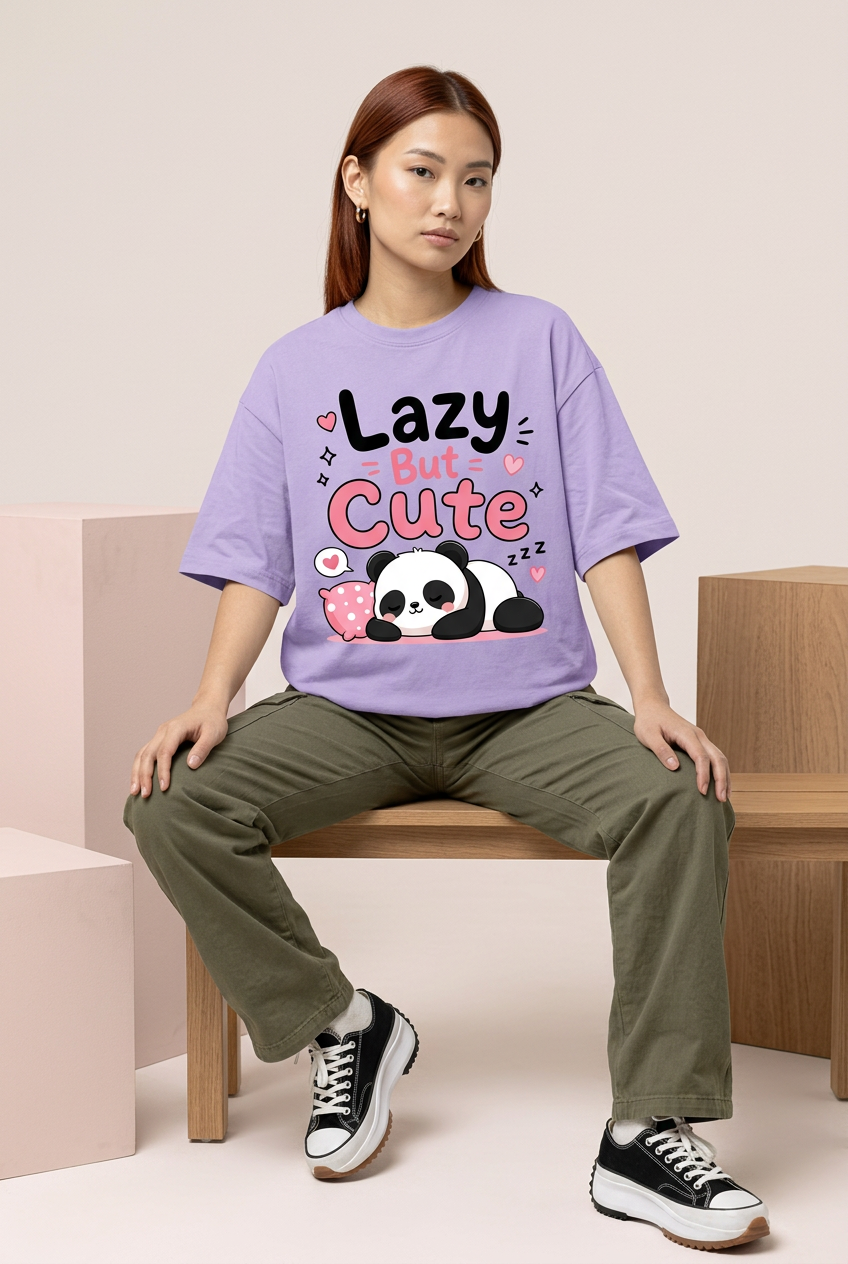 Lavender panda tee with olive cargo pants and chunky sneakers