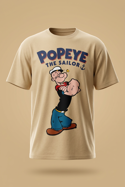 Popeye The Sailor sand-beige tee garment-only 3D front mockup