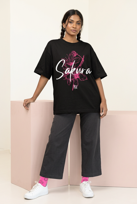 Black Sakura tee with wide-leg trousers and smiley socks