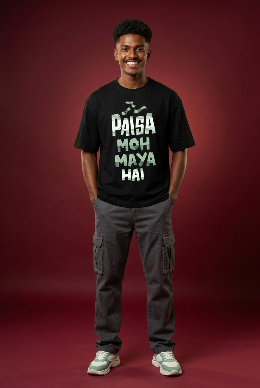 Maya oversized T-shirt, Indian Gen Z model with curly fade, playful front pose