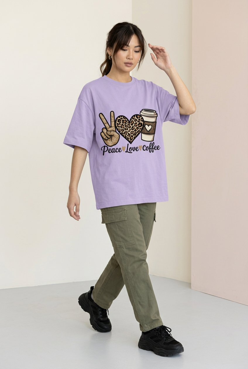 Peace Love Coffee tee with olive cargo pants, walking pose