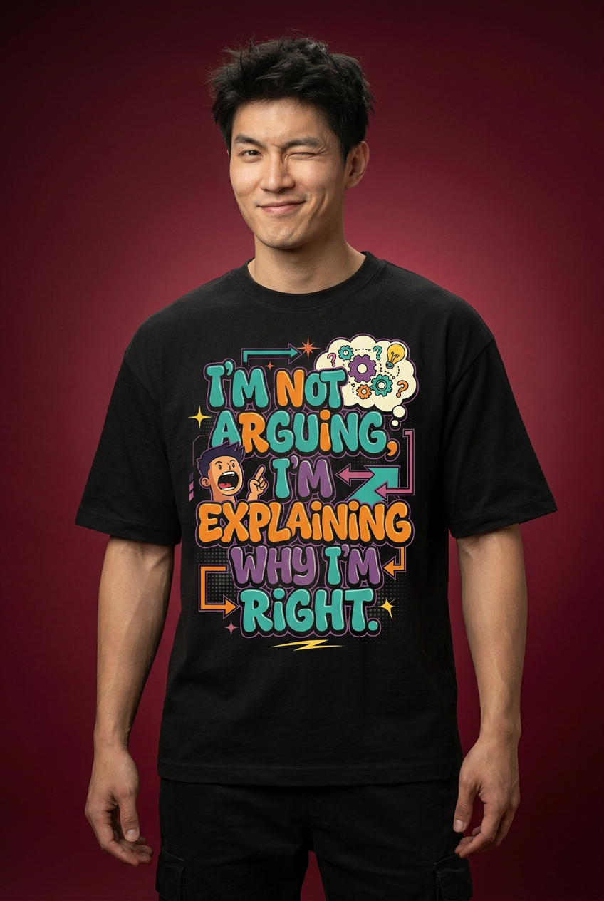 Arguing oversized T-shirt, smiling model close-up