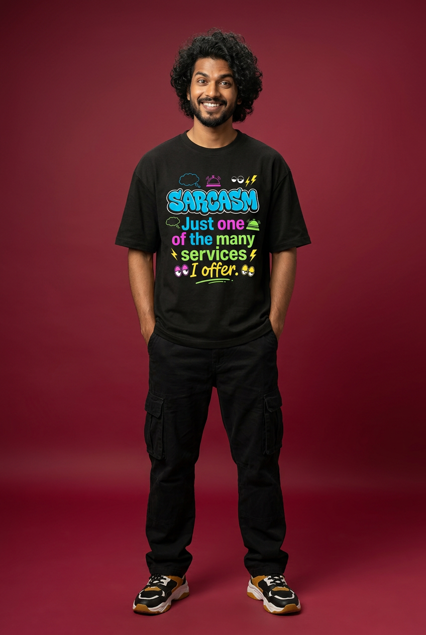 Sarcasm oversized T-shirt, curly-haired bearded model, front pose