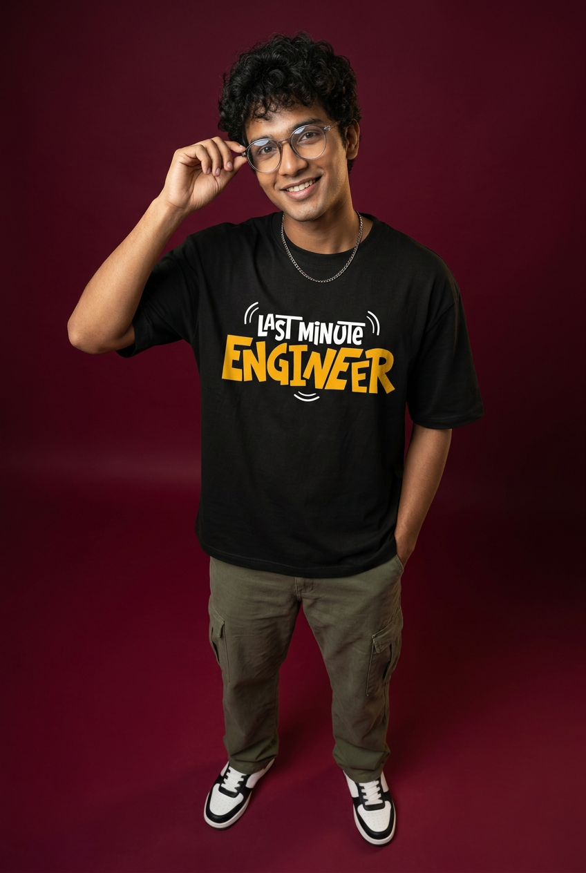 Engineer oversized T-shirt, Indian Gen Z model, overhead glasses-adjusting pose