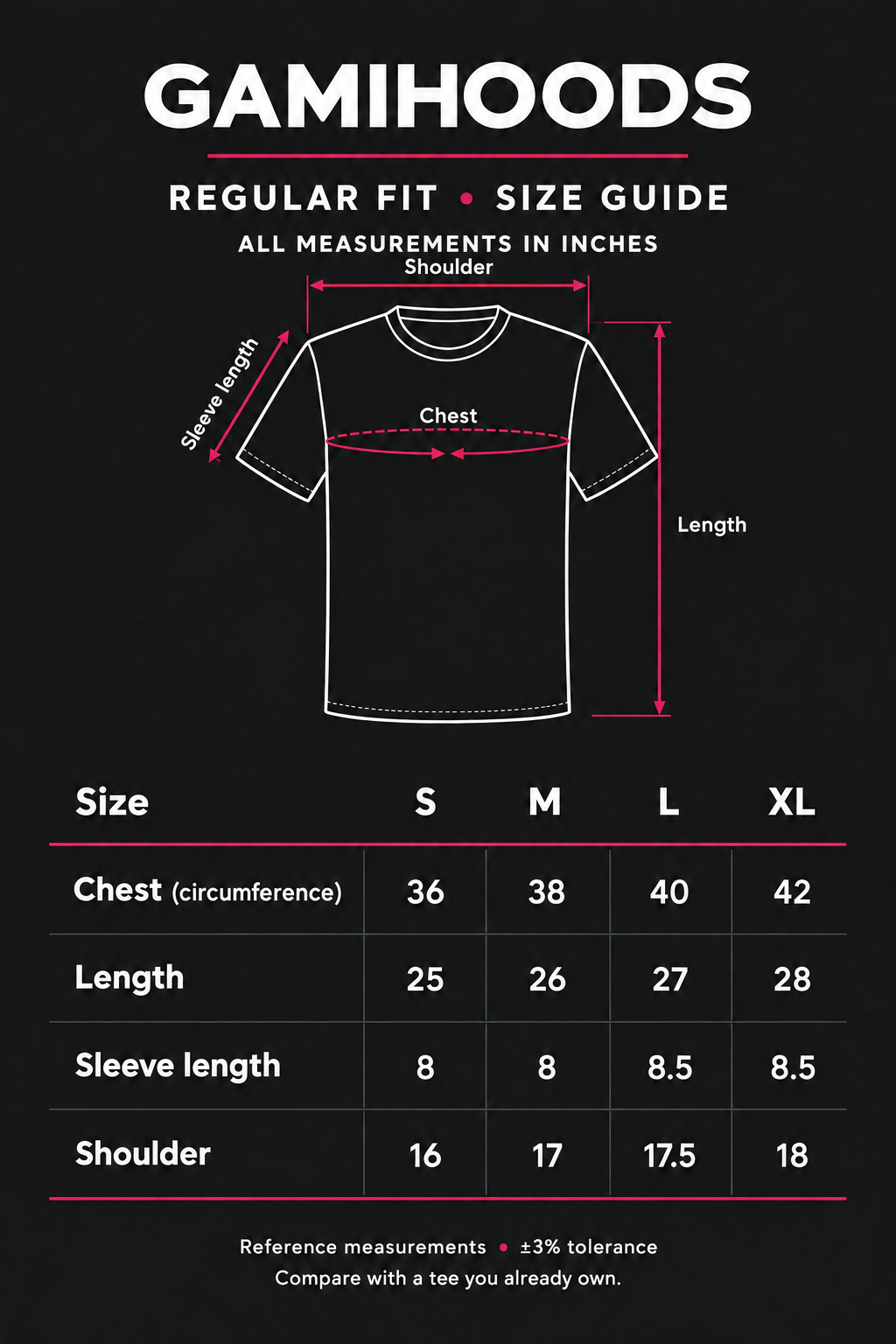 Gamihoods regular-fit size guide in inches for S, M, L and XL, based on merchant-provided reference measurements