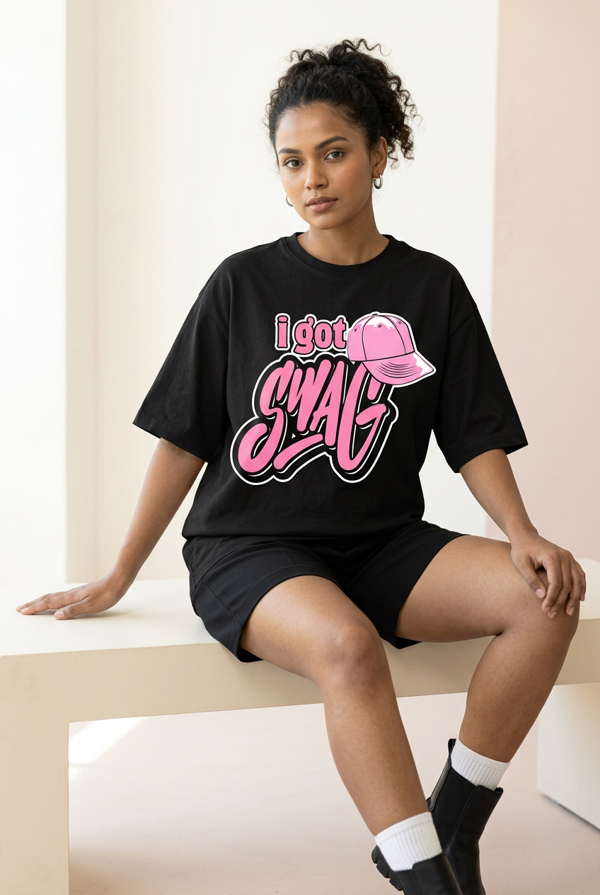 Indian female model in I Got Swag tee with black shorts, socks and boots