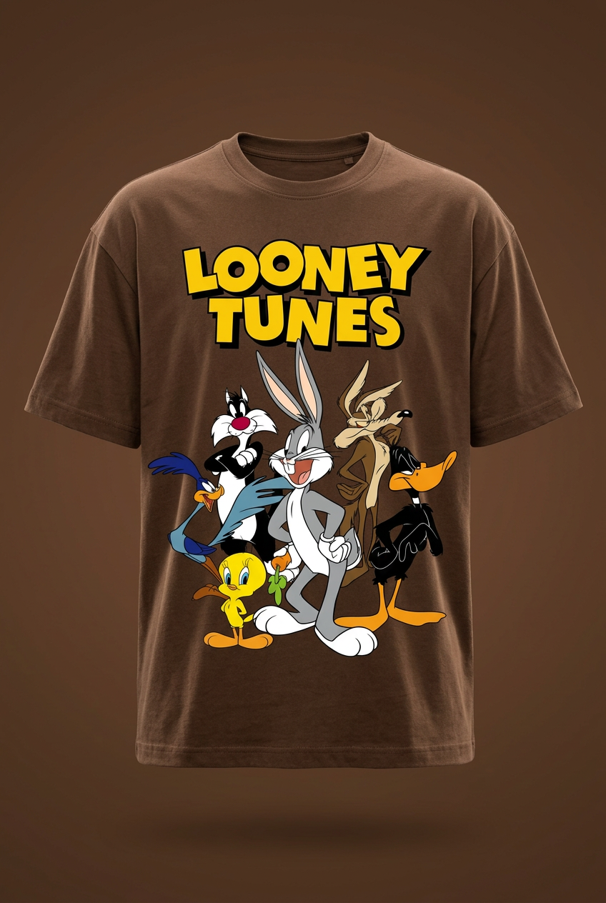 Looney Tunes coffee-brown graphic tee front garment-only mockup