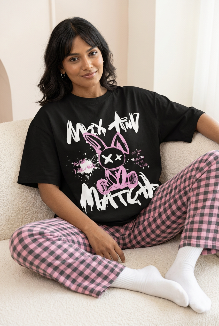 Black graffiti rabbit tee with checked pajama pants, sofa pose