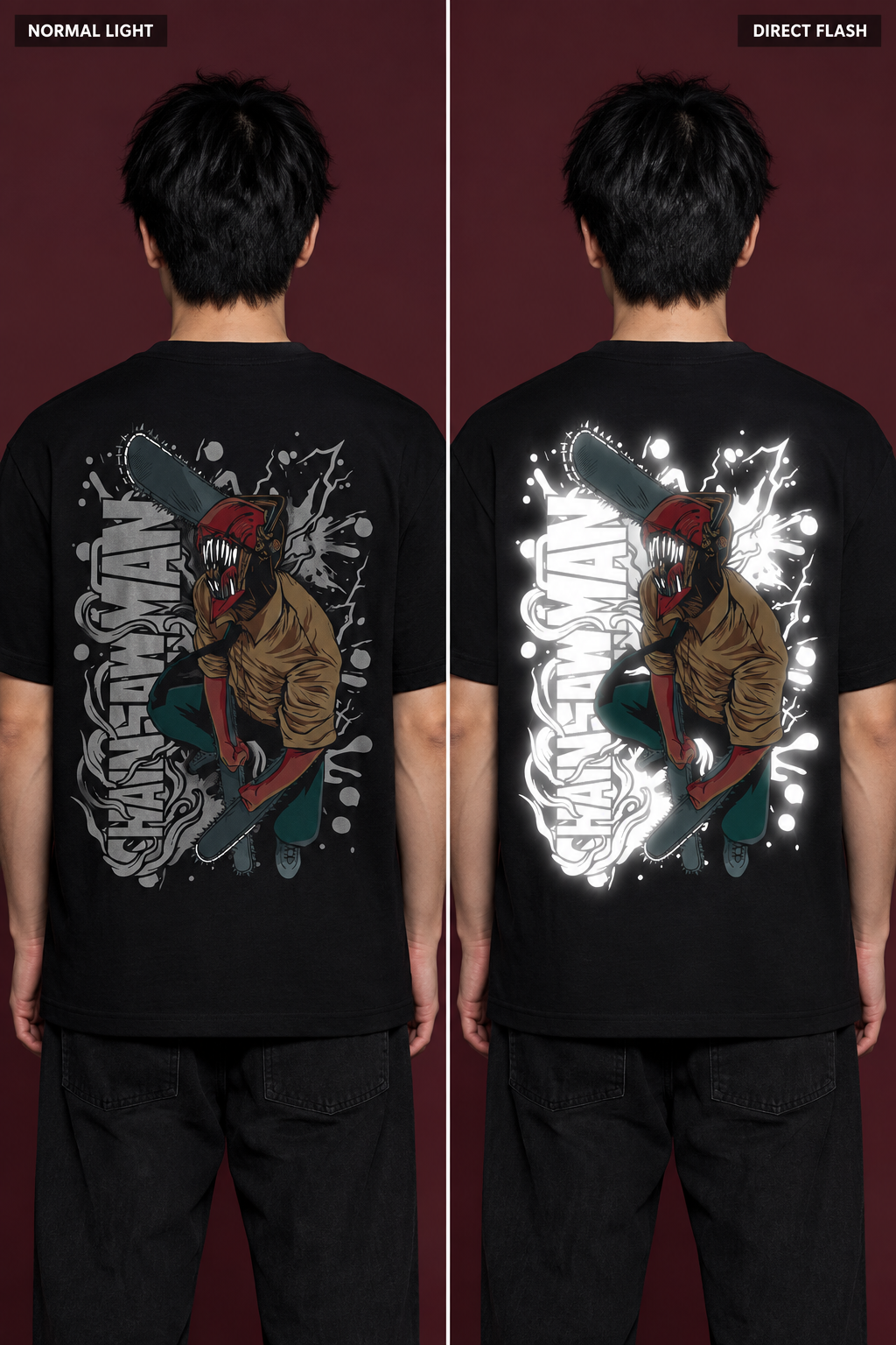 Illustrative Chainsaw Man normal-light versus direct-flash comparison