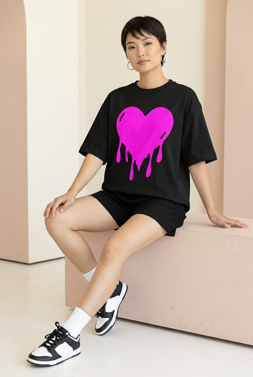 Pink dripping-heart tee, seated model with shorts and sneakers