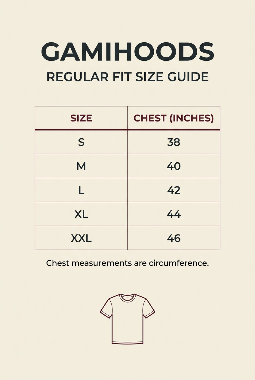 Gamihoods regular-fit size chart, chest circumference in inches: S 38, M 40, L 42, XL 44, XXL 46