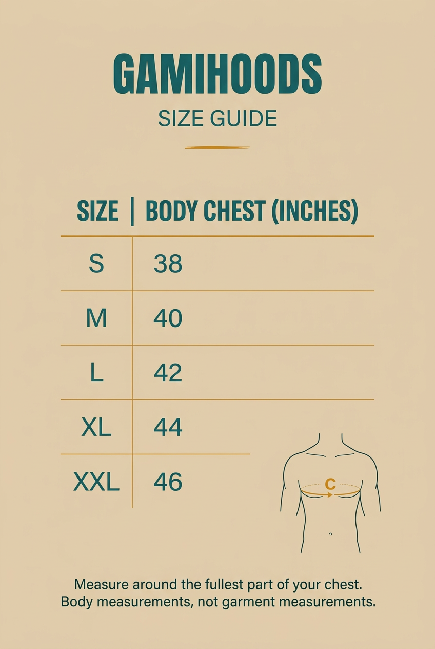 Body chest size guide in inches: S 38, M 40, L 42, XL 44, XXL 46