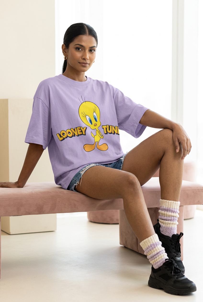 Tweety oversized tee with denim shorts and slouchy knit socks