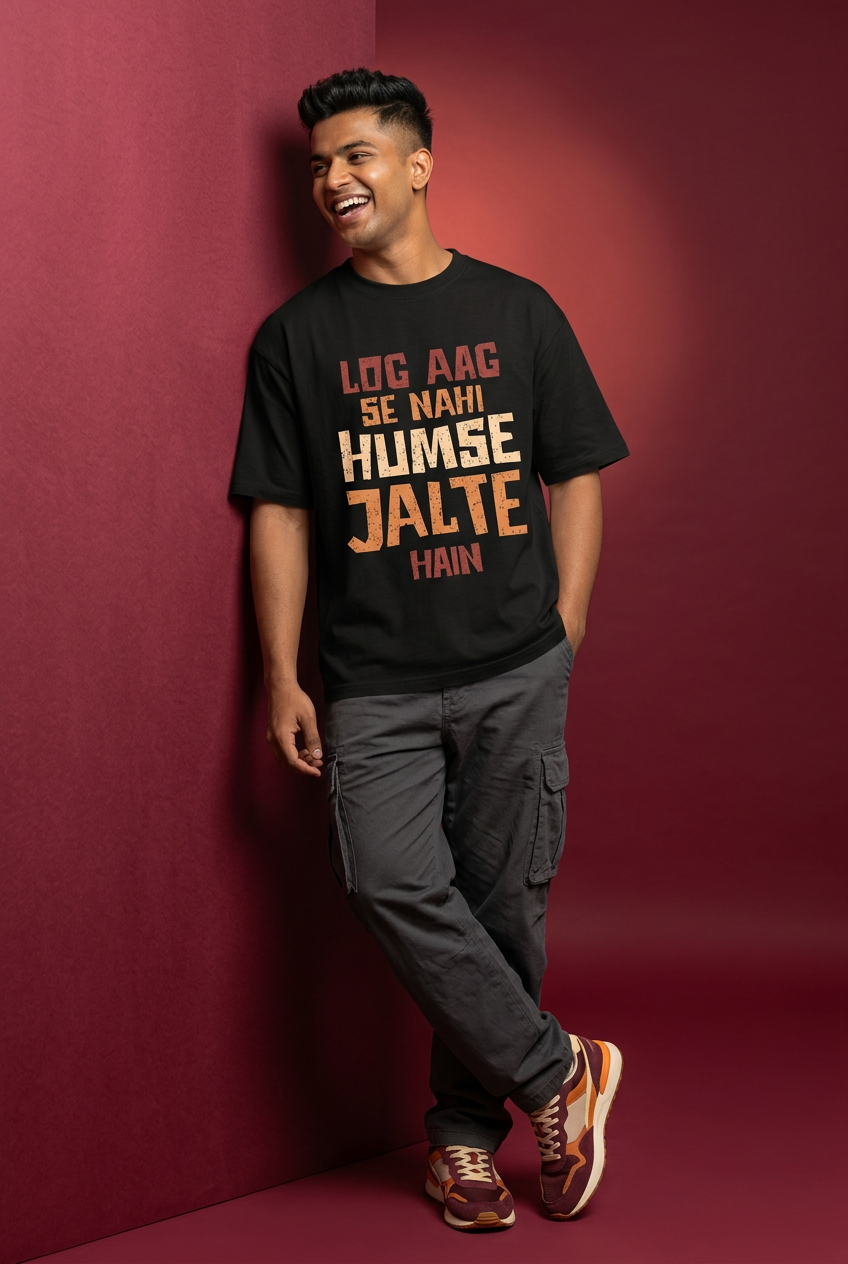 Jalte oversized T-shirt, Indian Gen Z model, candid leaning pose