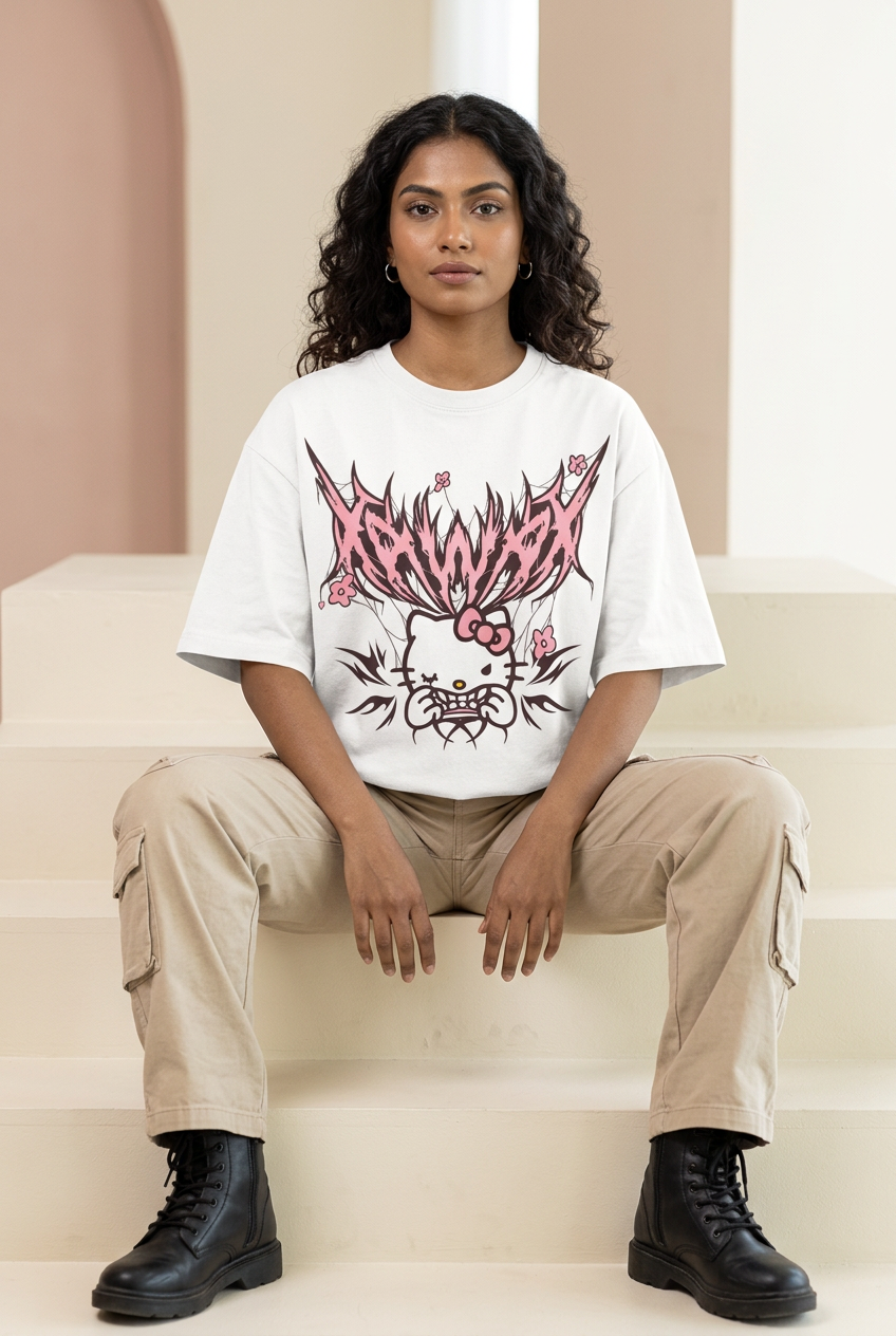 White gothic cat oversized tee with beige cargo pants